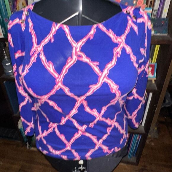 Lilly Pulitzer Santorini blue & deep dive pink S Alida top - Picture 2 of 5